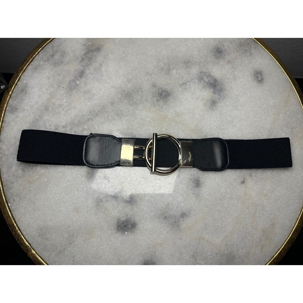 Womens Black Elastic Waist Belt Gold Ring Toggle Buckle Cinch Stretch Accessory
